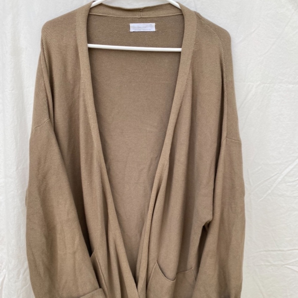 Oak + Fort midweight knitted taupe cardigan